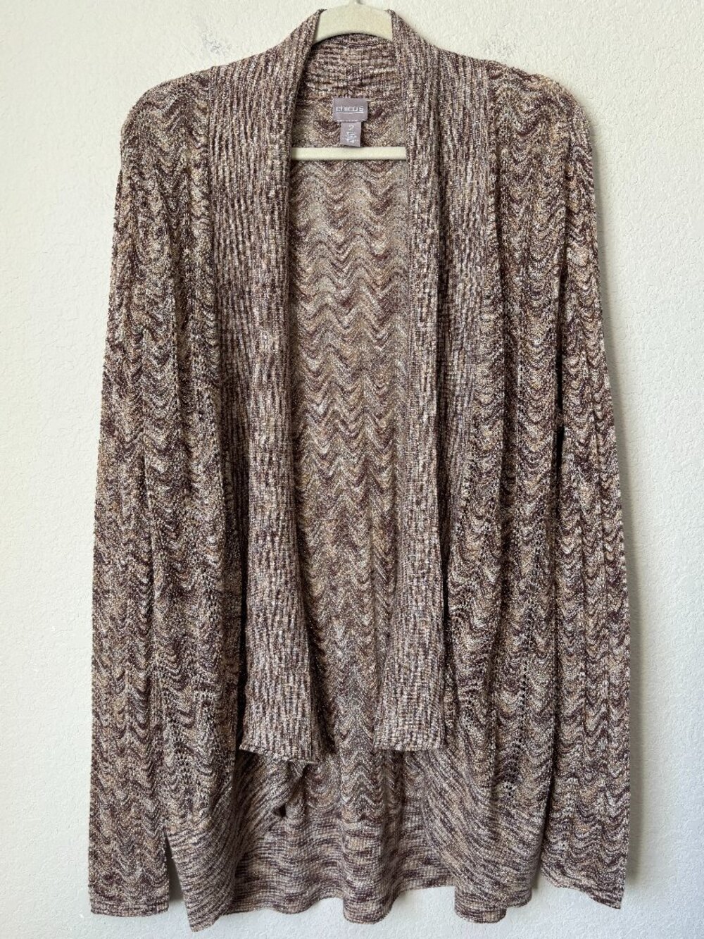 Chico's Boho Metallic Wavy Lightweight Knit Open Front Longline Cardigan